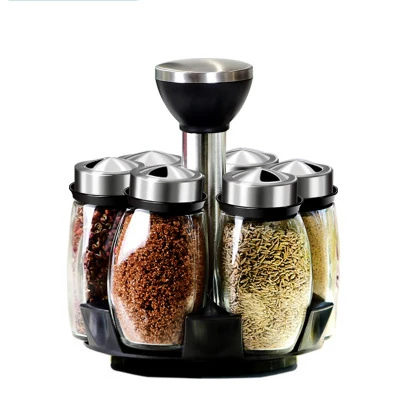 

BB042 Rotating Seasoning Box Set Kitchen Storage Condiments Seasoning Jar Household Sealed Glass Condiment Bottle, As picture