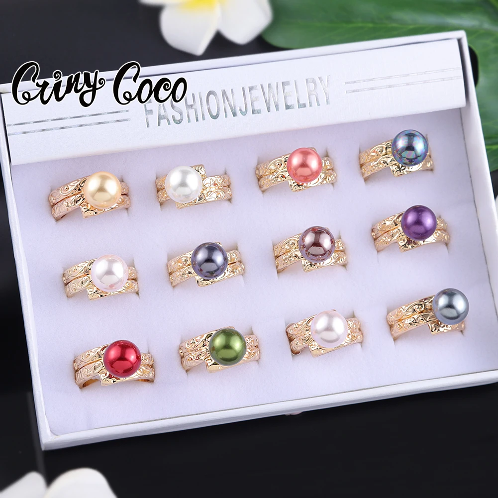 

Cring CoCo New Arrivals Crystal Gold Plated Adjustable Big Pearl Polynesian Jewelry Samoan Rings Hawaiian box of rings, Gold color