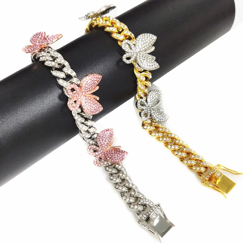 

Butterfly Tennis Iced Out Anklet Butterfly Pendant Cuban Link Anklet, As photo