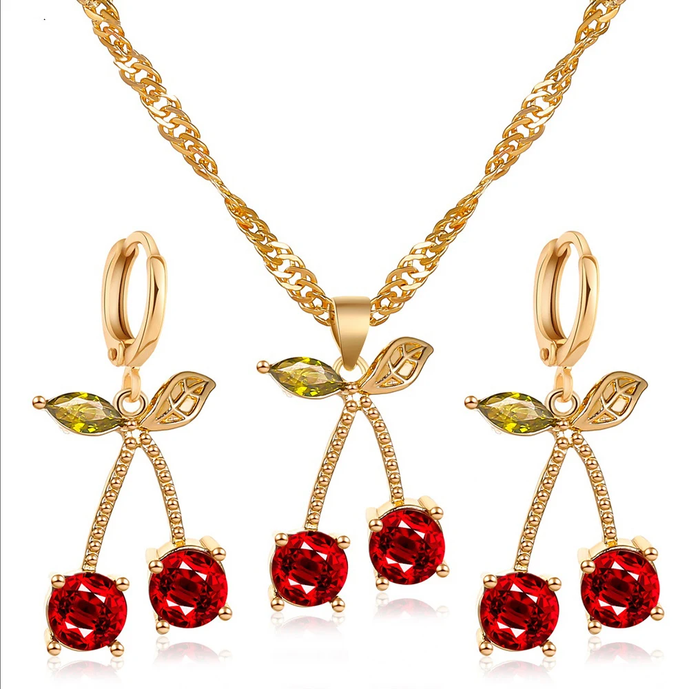 

Boho Fashion Red Crystal Hoop Earrings & Pendant Necklace Cherry Jewelry Set for Lady, As picture