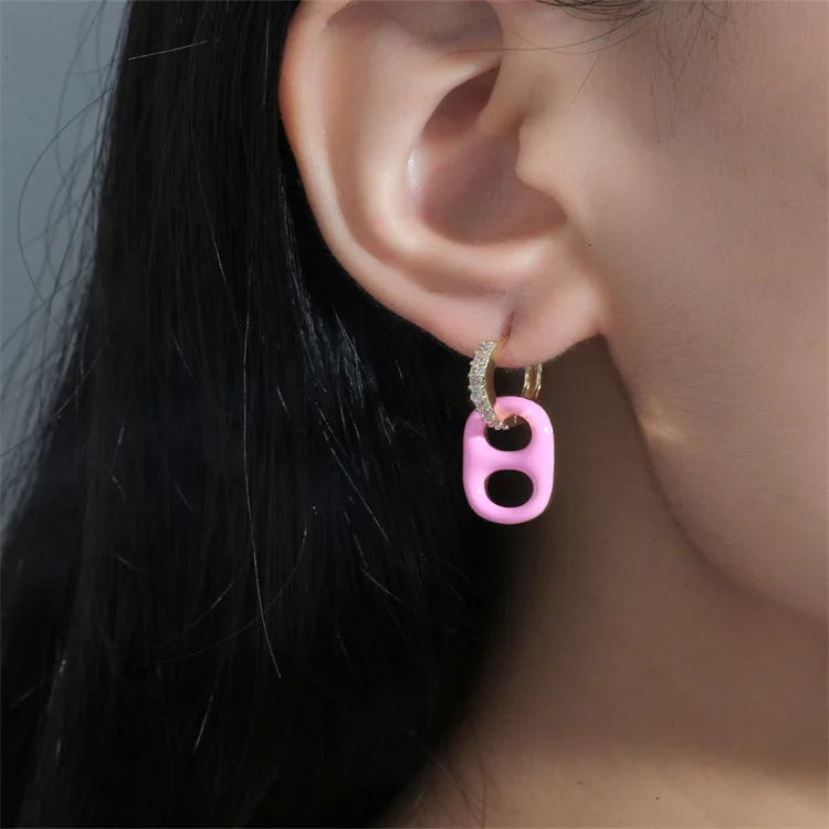 

INS New Neon Fluorescent Enamel Pig Nose zircon Pink Colorful Trendy Small Circle Zircon Coffee Bean Hoop Earring Women Jewelry, Picture