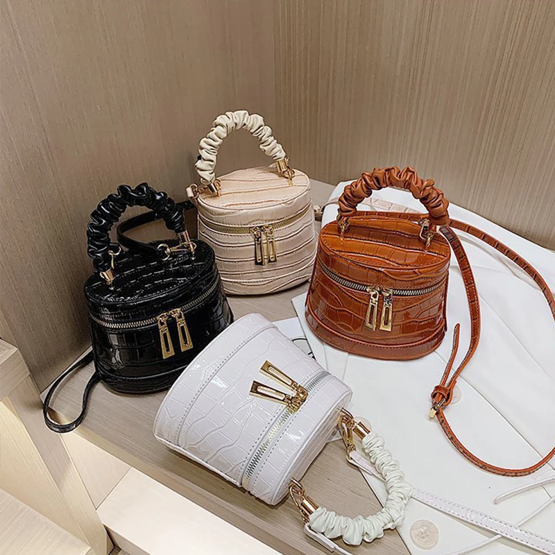 

High quality zipper box crocodile bucket women shoulder crossbody bags clutch round purses handbag, 4 colors