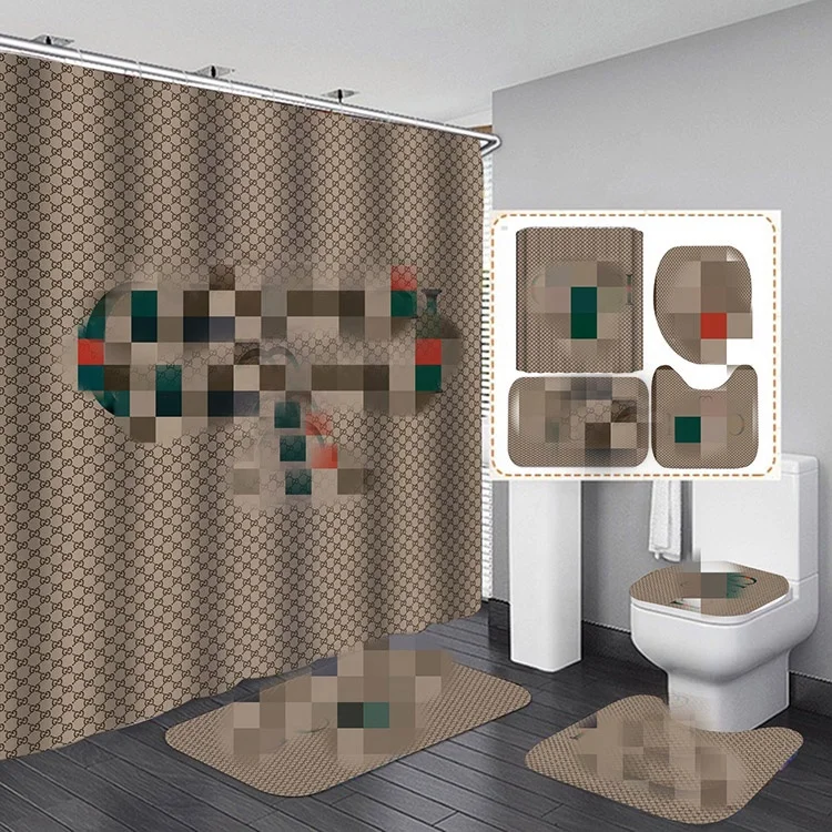 

Custom 3D Digital Print Designers Logo Luxury Bathroom Rug Sets Famous Name Brand Shower Curtain and Mats