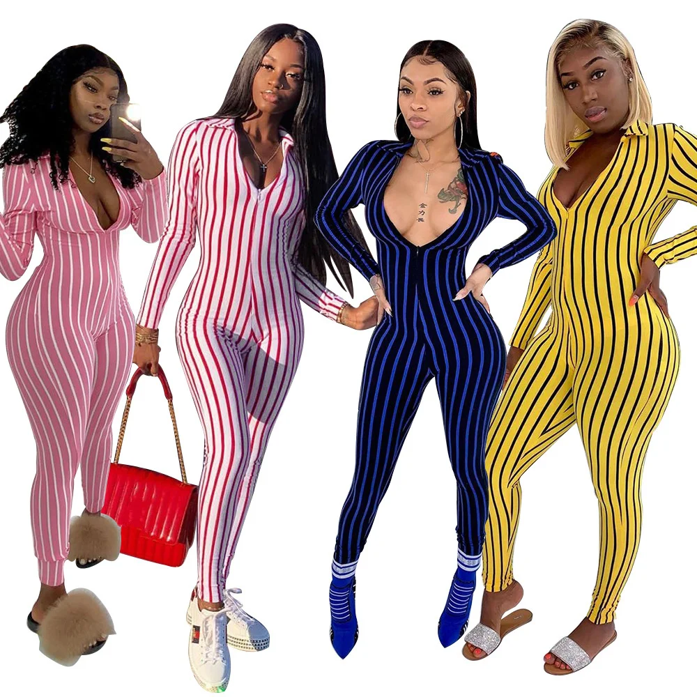 

fall jumpsuits deep V-neck long sleeve pleated Striped women clothing plus size jumpsuits for women sexy