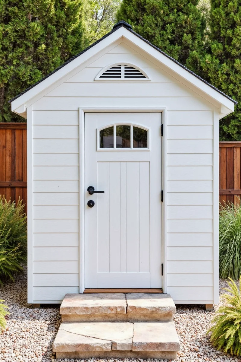 Miniature English cottage-style shed with red door and white flower boxes, perfect for small dogs or cats