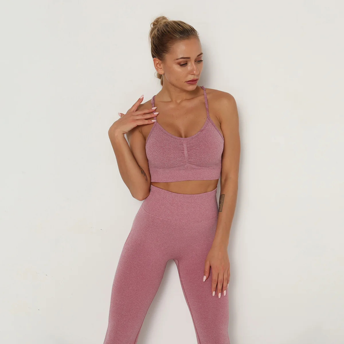 

2021 High Quality Summer Seamless Crop Tops High Waist Leggings Fitness Sports Yoga Sets, 10 colors