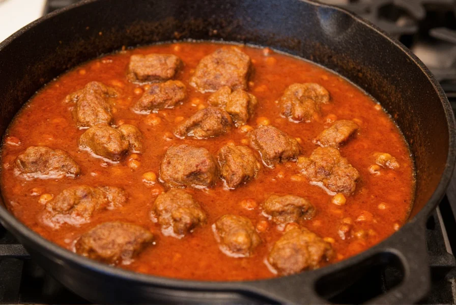 Texas no bean chili in cast iron pot with beef chunks and red chili sauce