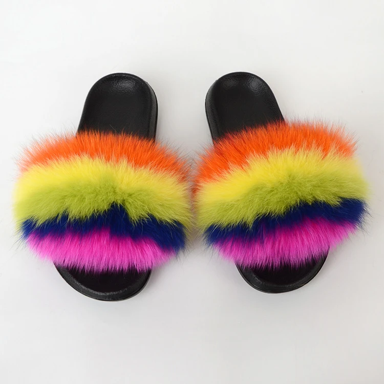 
Women Real Fox Fur Slides Slippers Home Furry Flat Sandals Girls Cute Fluffy House Shoes 