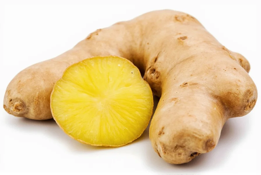 Close-up of fresh ginger root with peeled section showing fibrous interior