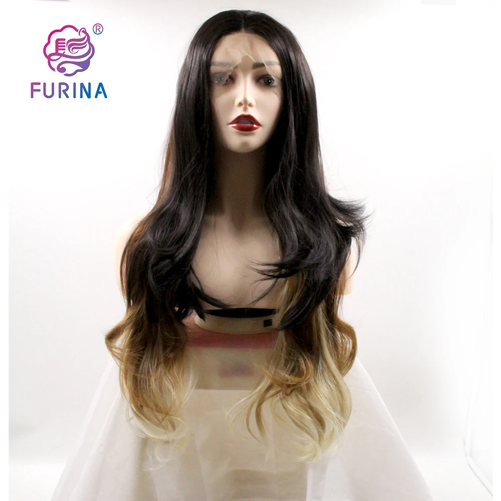 

2021 Cheap Futura Synthetic lace front Wig Ombre Brown heat resistant 13*4 middle part Wig With Dark Root