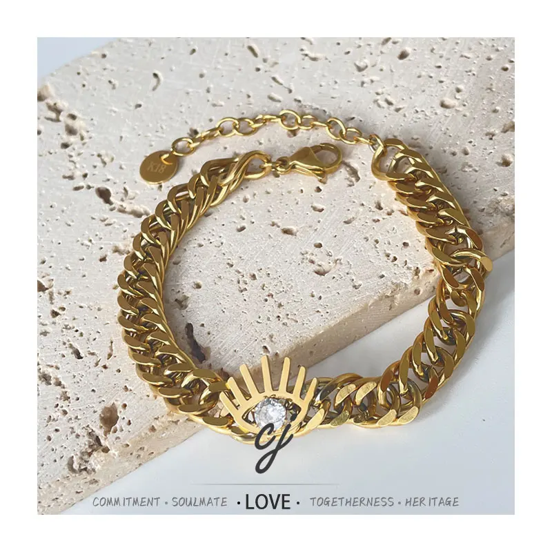 Carline Fashion Chian Link Bracelet Simple 18K Gold Plated Jewelry Stainless Steel Eye Zircon Adjustable Bracelet for Women