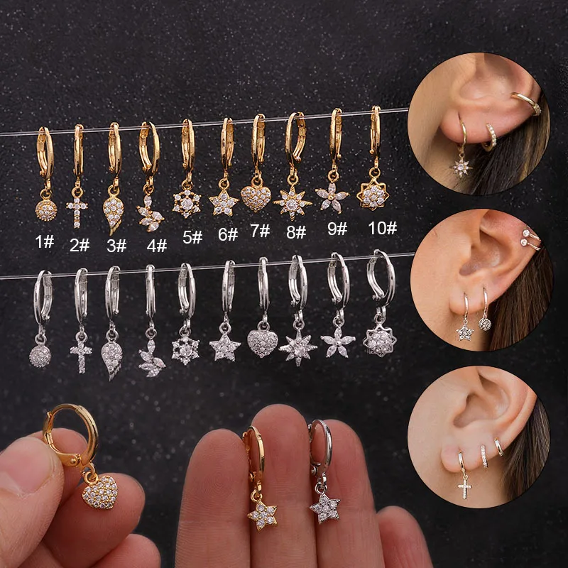 

Gold brass CZ Hoop With heart star moon pendants drop cartilage lobe hoop ear piercing dangle earring