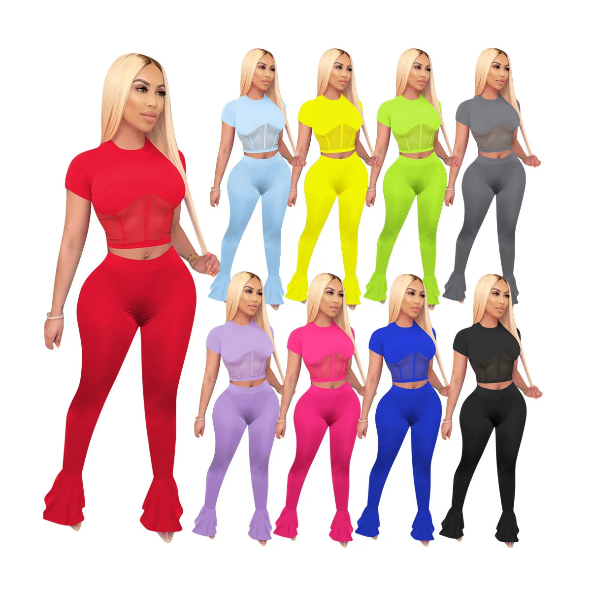 

2021 Hot selling mesh patchwork solid sports two piece set women clothing top and pants tracksuits for women, 9 colors