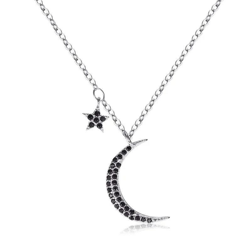 

JUHU Sterling Silver Black Star And Moon Necklace Korean Moon Simple And Generous Clavicle Chain Forest Jewelry