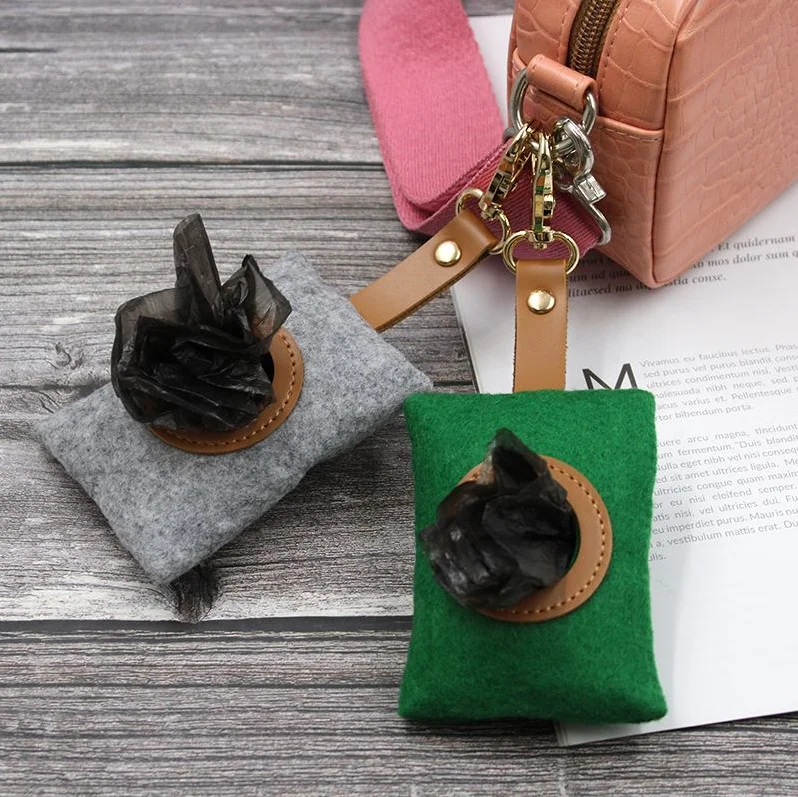

Portable Wool Dog Waste Bag Dispenser Dog Poop Holder with Snap hook, Custom/deep green/gray