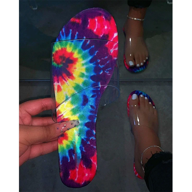 

RTS New Women Leopard Snake Tie Dye Print Clear Crystal Upper Slippers