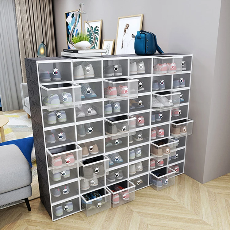 

Folding stackable clear plastic container drawer type storage shoe rack box sneaker, Transparent, white and black