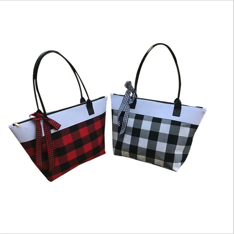 

Hot Sale Red Black Buffalo Plaid Woman Large Tote Bag,Bow Zippered Mommy Handbag, Picture