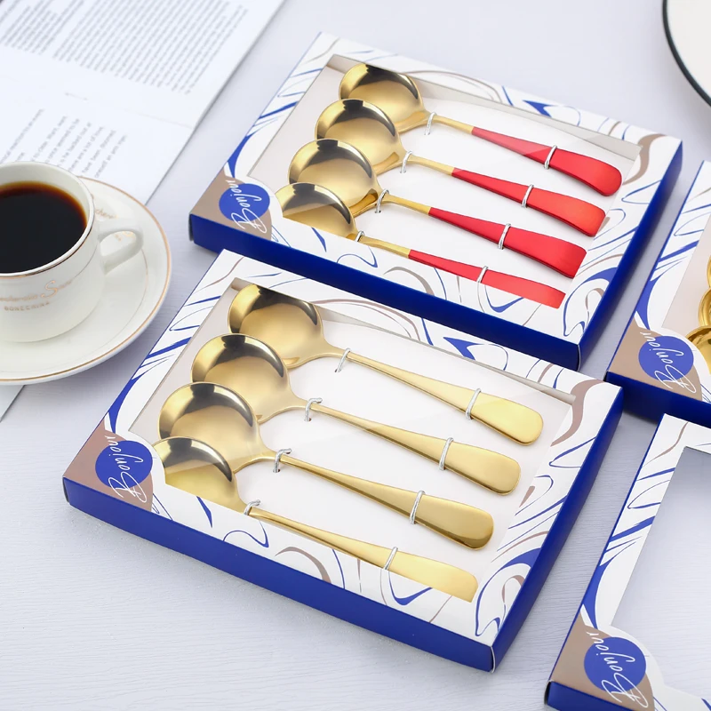 

Hot Selling 4Pcs Fashional Colorful Spoon Gift Box Gold Tea Coffee Ice Cream Cucharas Spoon Set, Silver/gold/rose gold/black/blue/purple