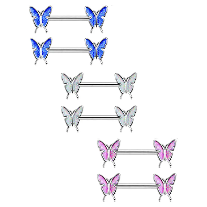 

POENNIS surgical steel butterfly piercing nipple rings 6 stainless steel butterfly barbell nipple set, Blue,white,pink,purple