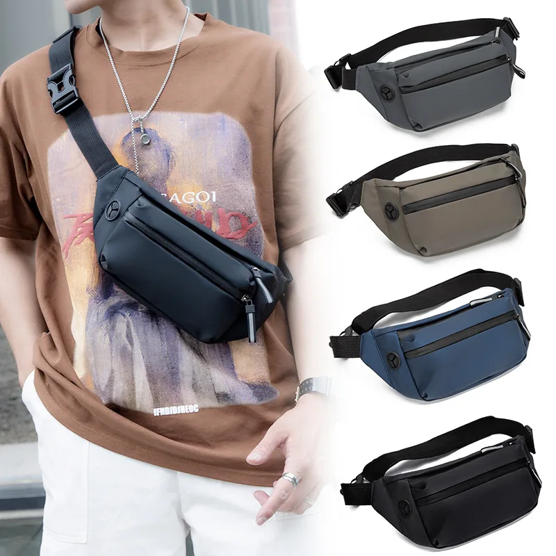 

wholesale multi functional pu leather shoulder waist bag with headphone hole casual men sling bags travel crossbody chest bag, Blue,black,brown,gray