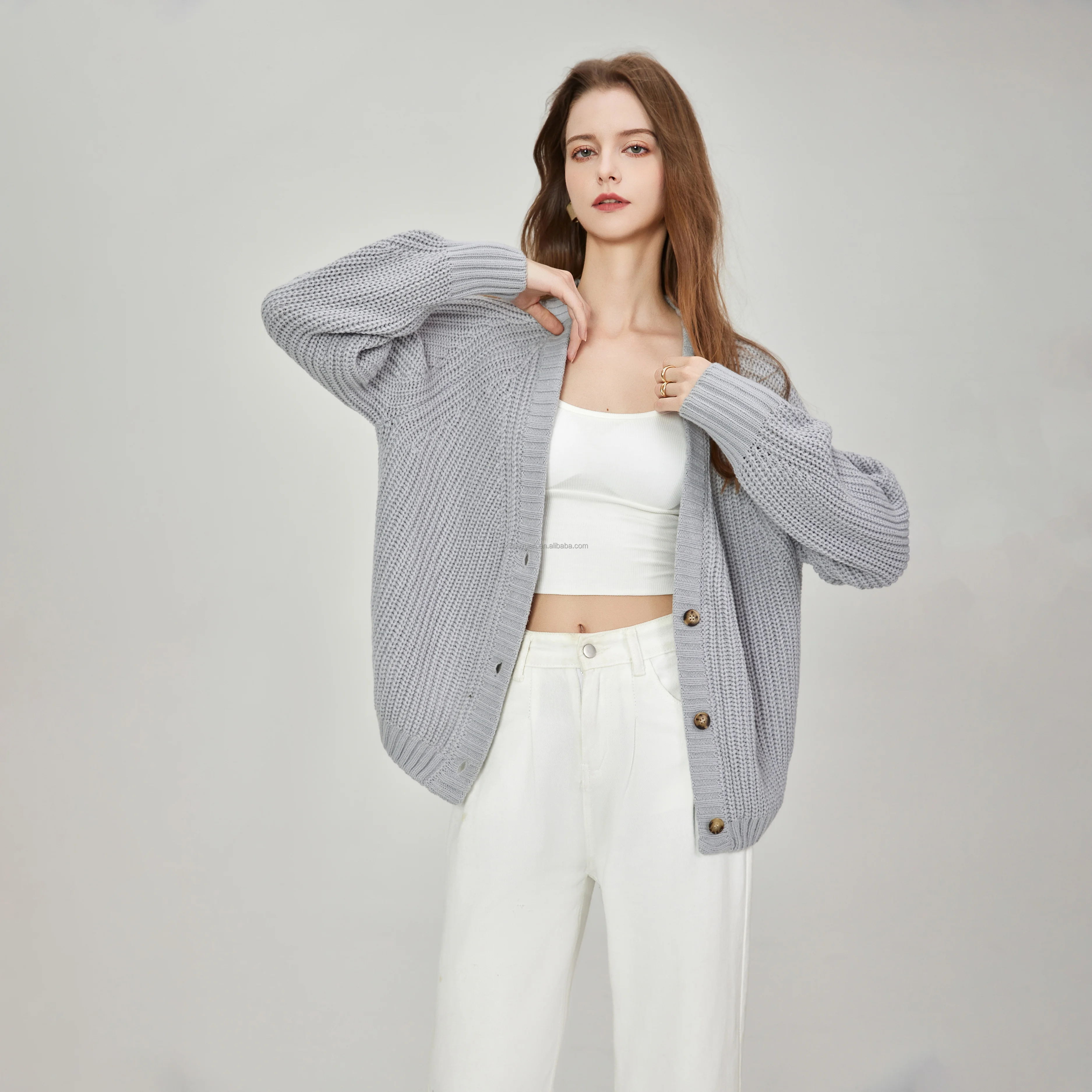 100% Acrylic Knitted Cardigan Women V-Neck Chunky Knit Sweater Raglan Sleeve Oversized Jumper Casual Blank Apparel Top