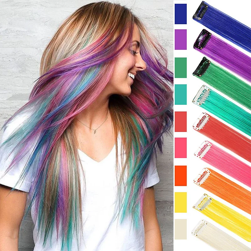 

Clip In One Piece Colorful Synthetic Hair Extensions High Temperature Synthetic Ombre Pink Red Blue Hair For Women Girl Kids