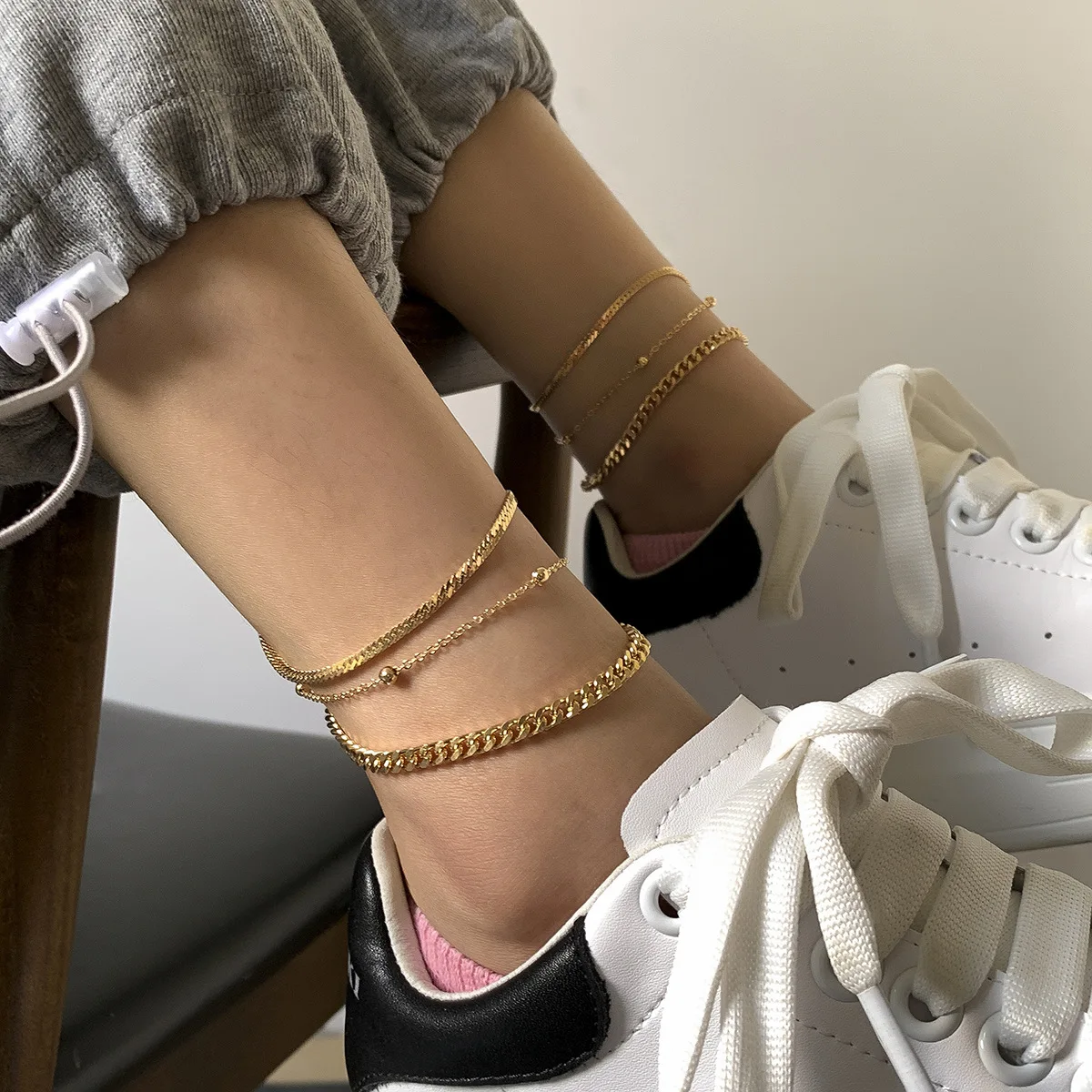 

Punk 18K Gold Plating Chunky Chain Snake Chain Anklet Set Hip Hops Rhodium Plated Link Chain Three Pieces Anklet Set