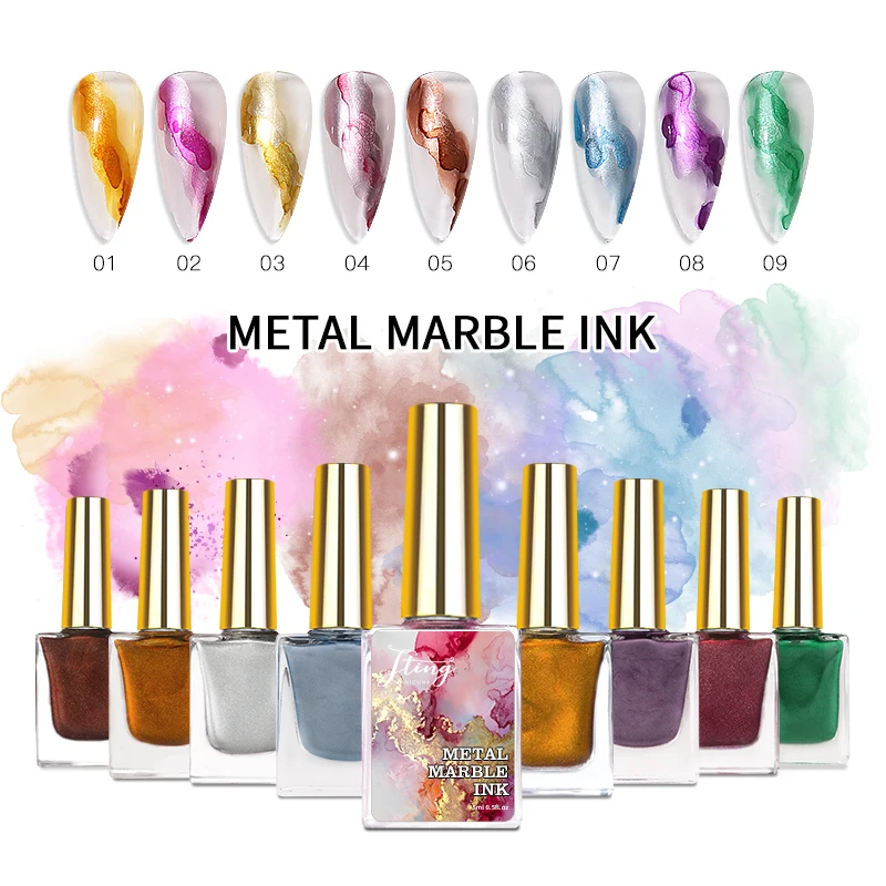 

Wholesale OEM private label available 15ml Water blooming Metal blossom Marble Liquid nail polish bottle uv gel kit