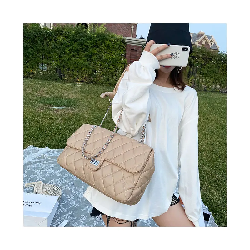 

Fashion Lattice Pattern Crossbody Bags Women 2021 Solid Color Chain Big Shoulder Pouch PU Leather Messenger Flap Pouch