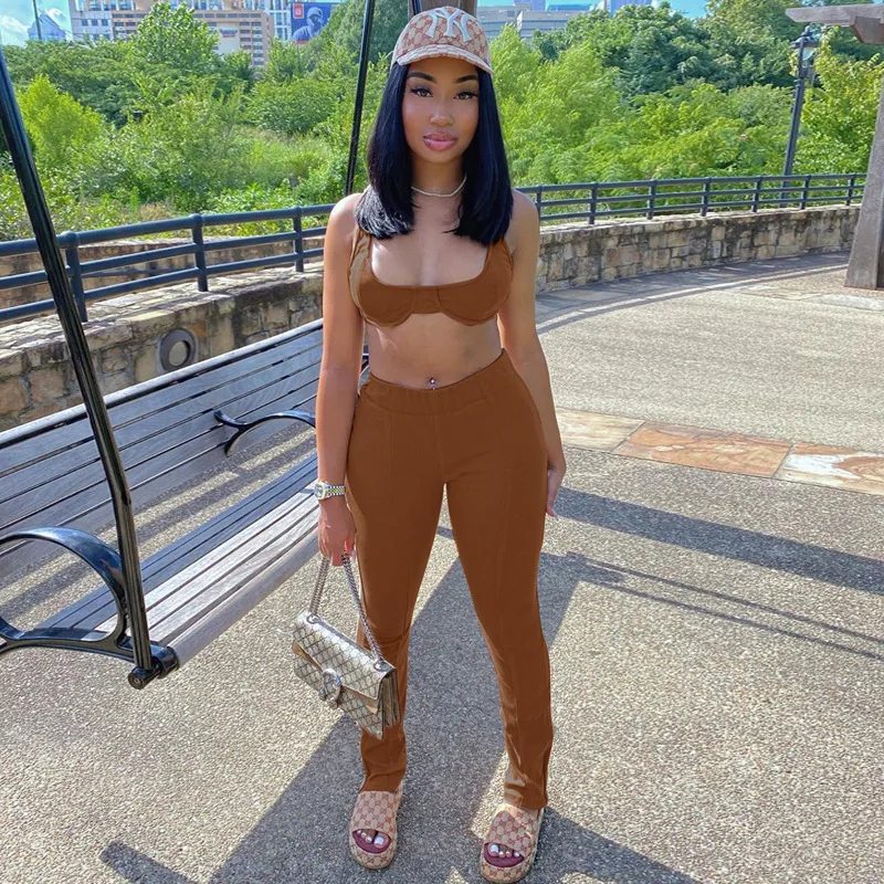

5 Colors Leggings Set Casual Outfit U-neck Breast Wrap Tank Top With High Waist Pants Womens Clothing 2 Piece Set Women