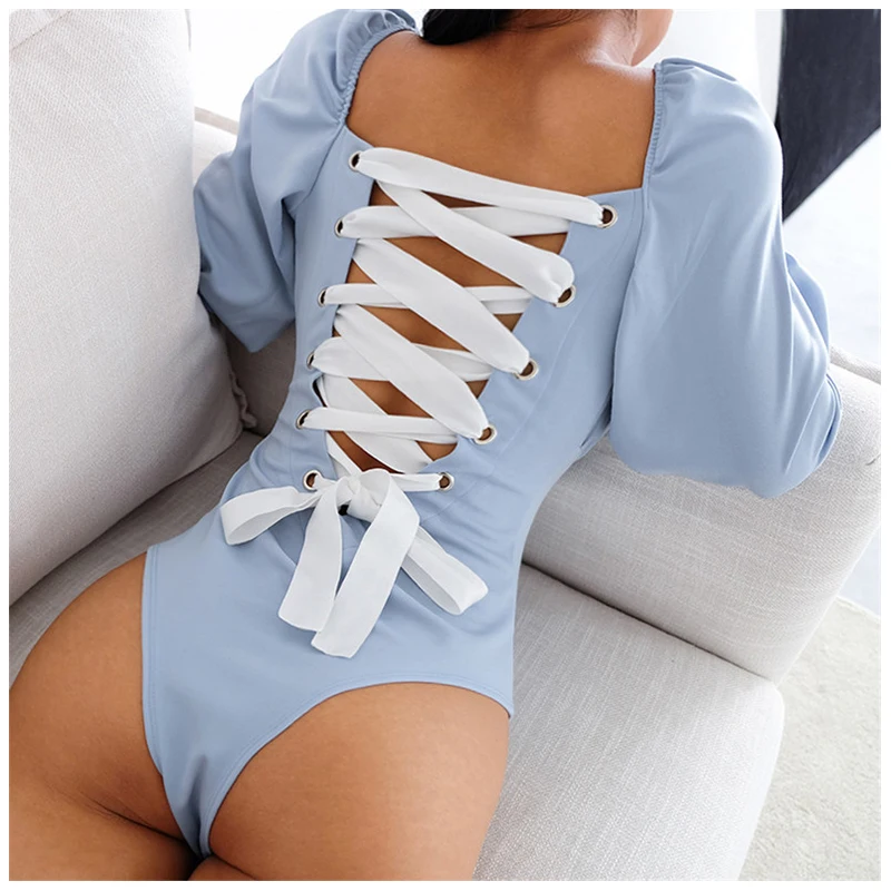 

EB3604W11 Sexy Backless Panelled Lace Up Square Collar Lolita Style Bodysuits Women Long Flare Sleeve Open Crotch Bodysuit