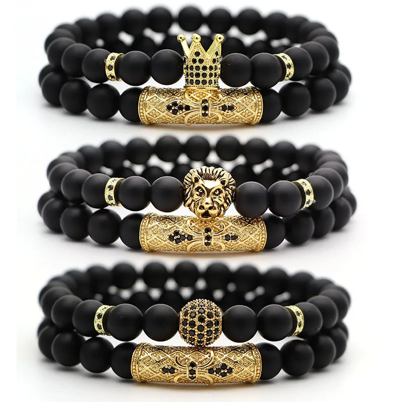 

Hesiod Classic 2Pc/Set Pave CZ Crown Ball Lion Black Natural Stone Yoga Bracelet Pulseras Jewelry 8mm Men Beads Bracelets Set