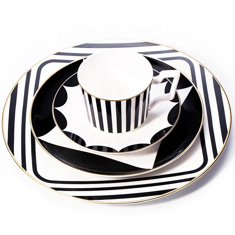 

High Quality Dinner Set Bone China Black Stripe Ceramic Dinnerware Plates And Dishes, White black gold