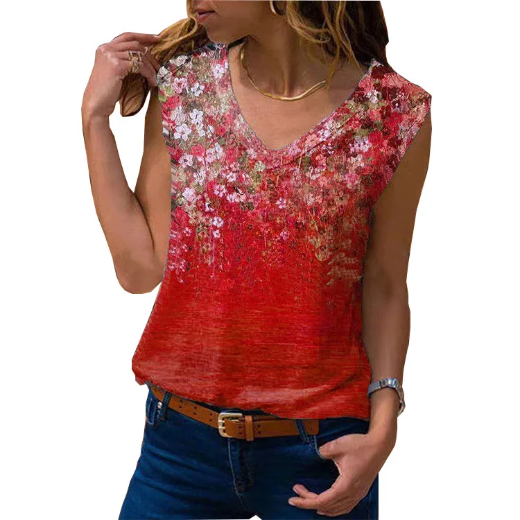 

Summer Floral printed v-neck vest tank tops for women sleeveless clothes womens breathable tank tops, As pictures