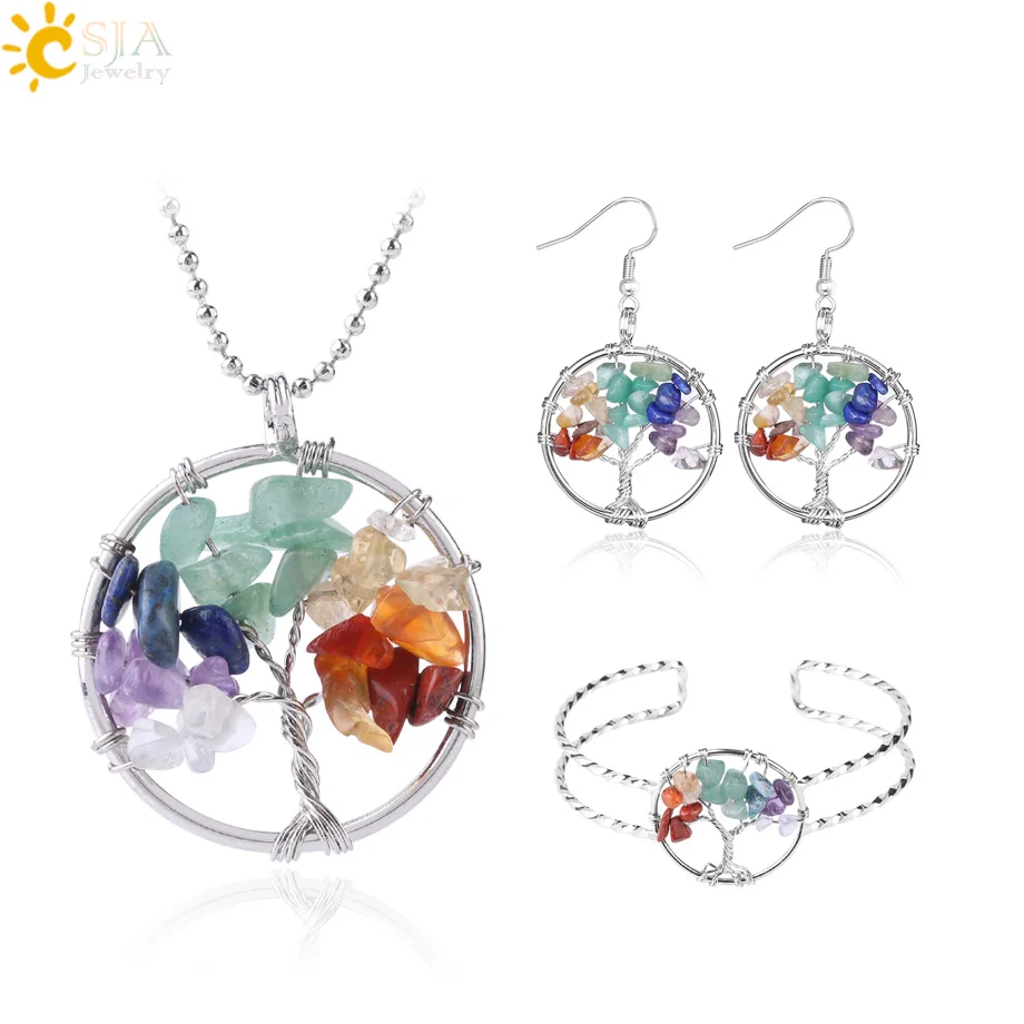 

CSJA natural chip stone chakra gravel earring necklace set adjustable bangle cuff tree of life jewelry set women F649