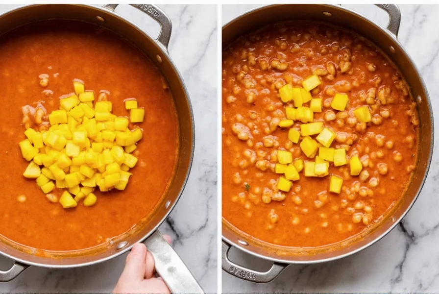 Step-by-step preparation of mango-habanero white bean chili showing diced mango being added to simmering pot