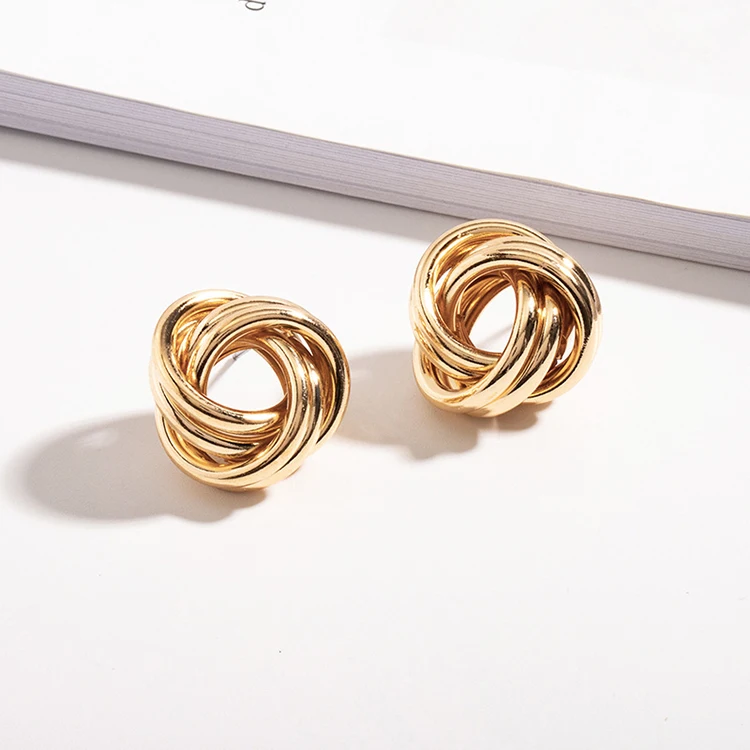 

Gold plated 925 sterling silver croissant rope twisted circle stud earrings