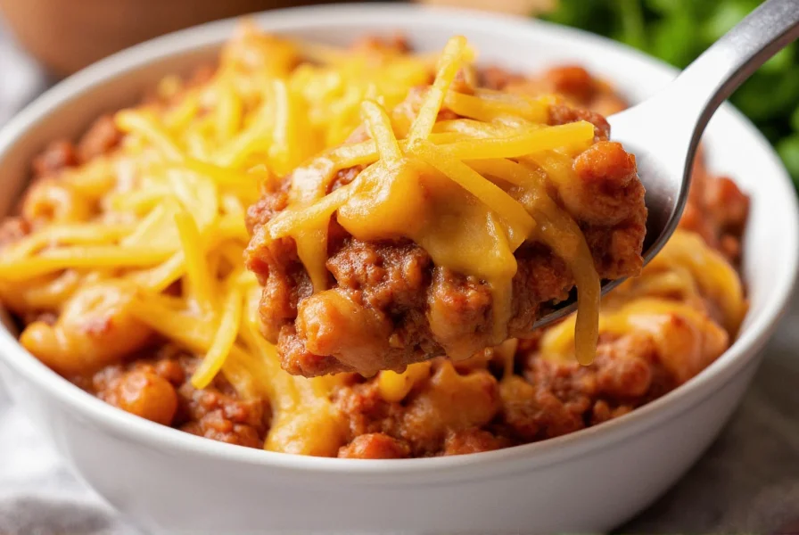 Serving of chili mac with melted cheddar cheese on top in white bowl