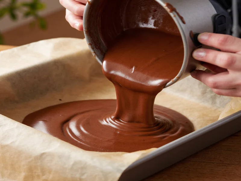 Hand pouring brownie batter into parchment-lined pan