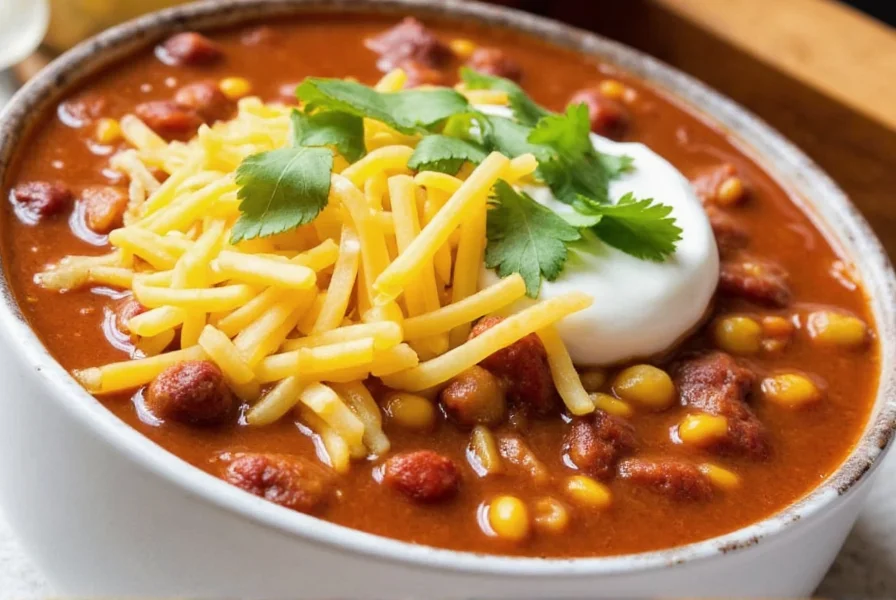 Finished bowl of corn chili served in white ceramic bowl with toppings: sour cream, shredded cheese, and fresh cilantro