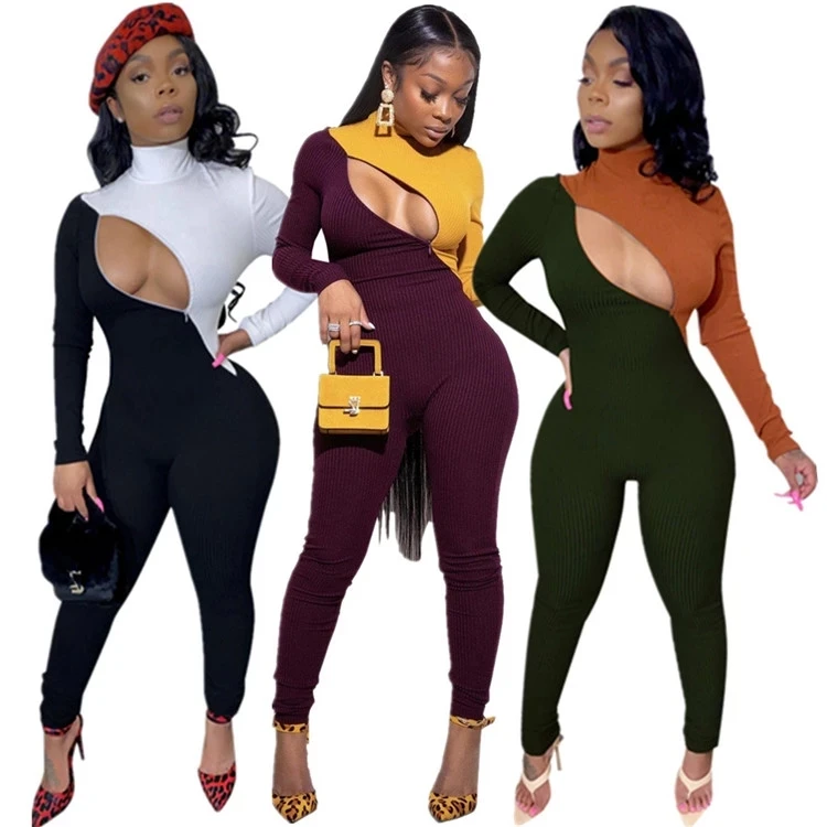 

zss002Winter fashion patchwork womens sexy one piece lone sleeve bodycon rompers and jumpsuits club wear with zipper, Black/yellow/orange