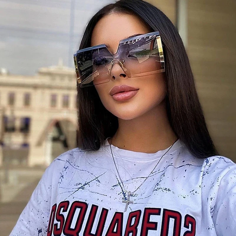 

2021 One Pieces Rimless Square Sunglasses Oversized Shades Women Fashion Custom Designer Sun Glasses