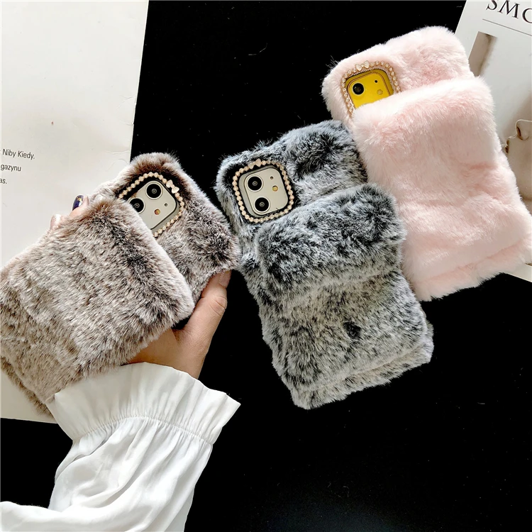 

cute luxury plush fluffy fur cell mobile phone case cover for iphone x xs 11 Pro max