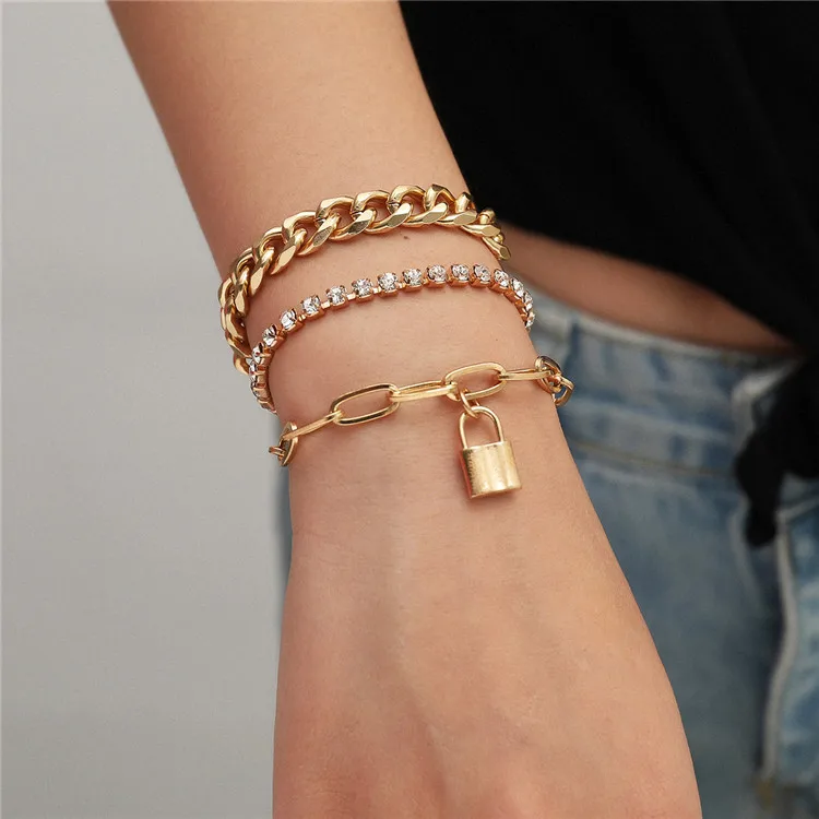 

Personality hip hop thick chain claw chain diamond bracelet fashion retro lock shaped mix and match chain bracelet, Silver,gold or custom