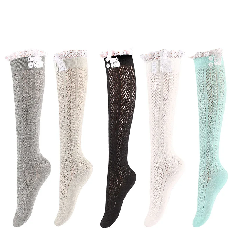

High quality ivory cotton knitted socks lace button hollow out over the knee socks thick stockings elegant Ruffles for women