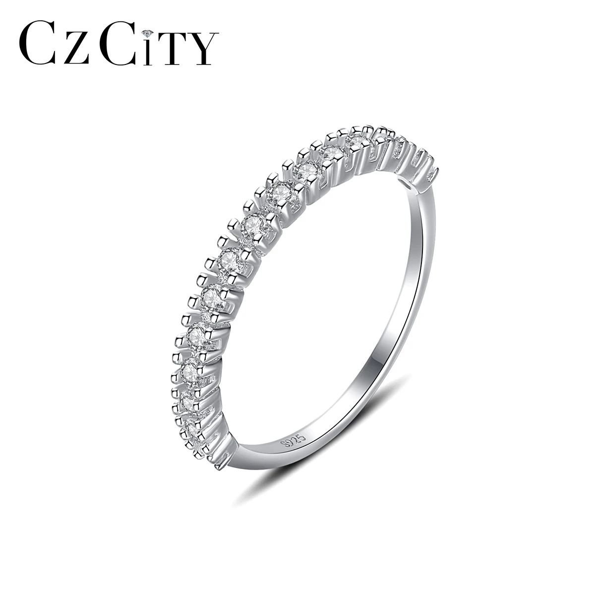 

CZCITY Ladies Finger Ring Real 925 Sterling Silver Cubic Zirconia Diamond Wedding Eternity Band Ring