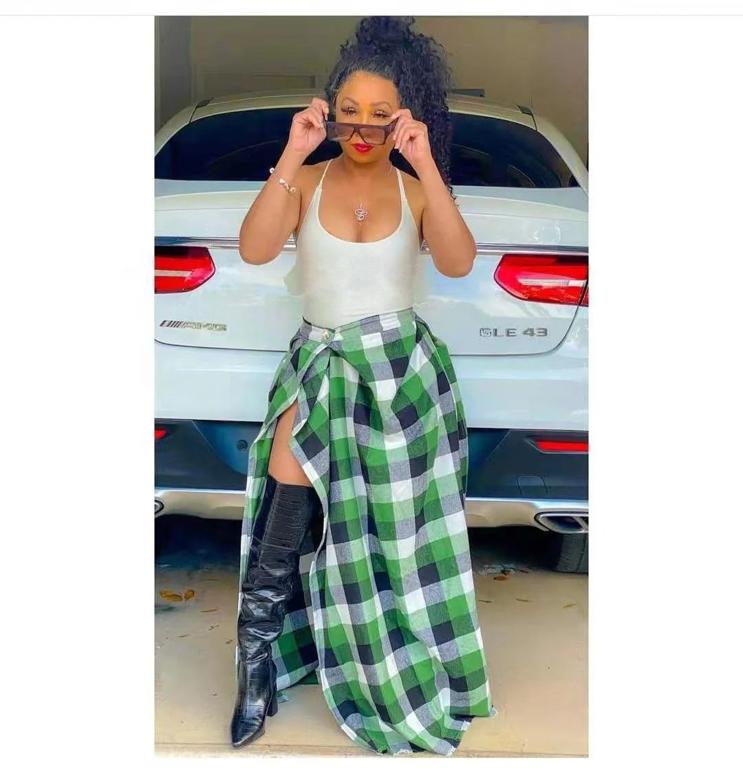 

B15149A Chic Outfit Wear One Button Women Trendy Plaid Skirt Lady Long Skirts