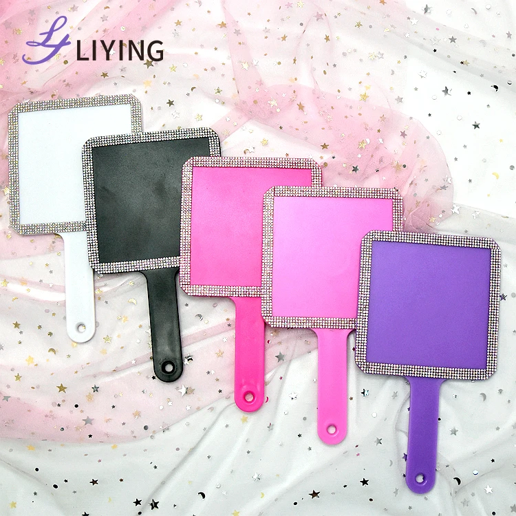 

Customized Logo Diamond Square Pink Hand Held Mirror of Rhinestone Design Supplier