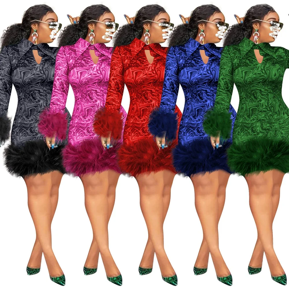 

Feather Winter Dresses Women Vintage Print Bodycon African Ladies Long Sleeve Party Dress Mini Sexy Club Black Plus Size S- 5XL